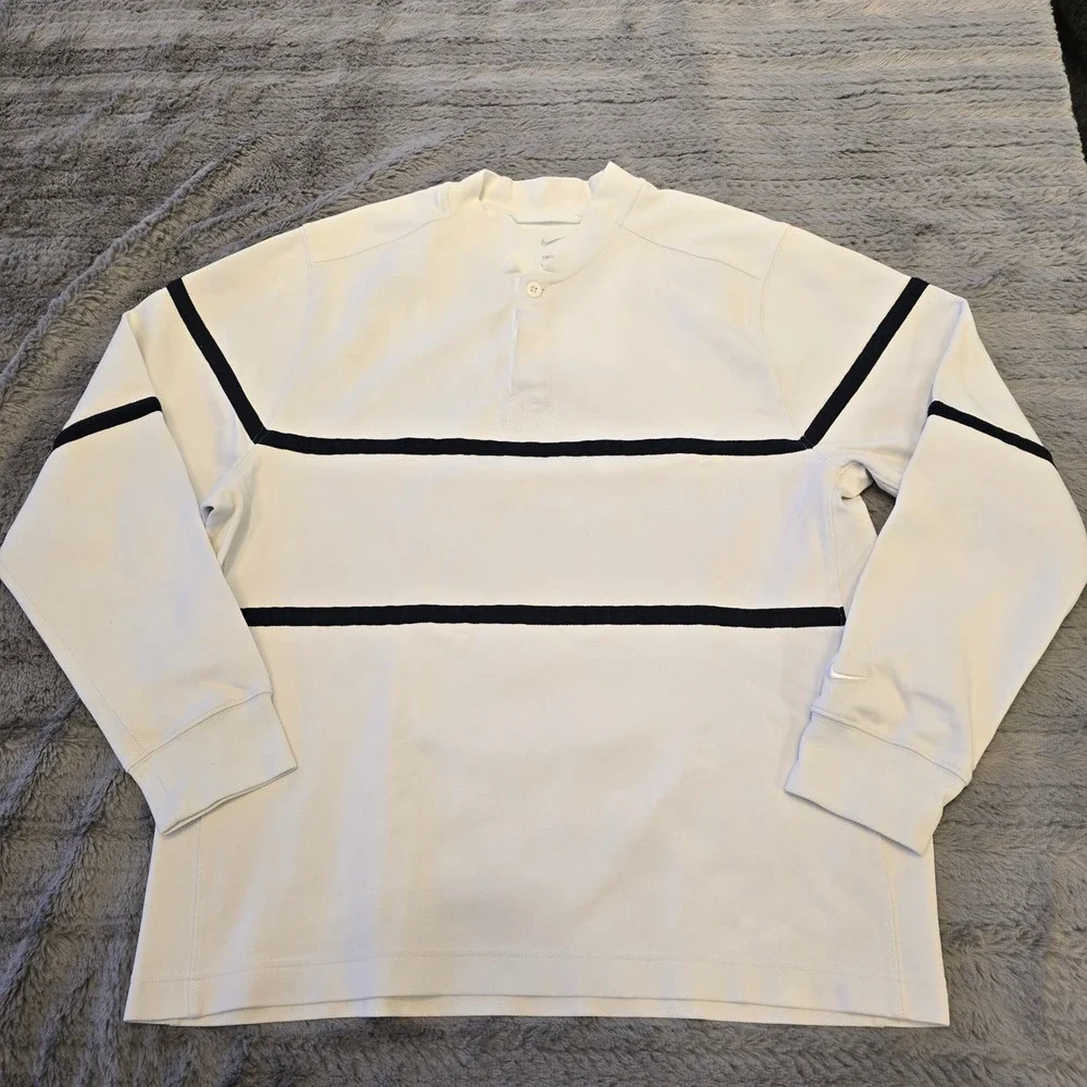 Nike Court Dri-FIT Long Sleeve Tennis Shirt Mens Large White Navy Stripe Henley